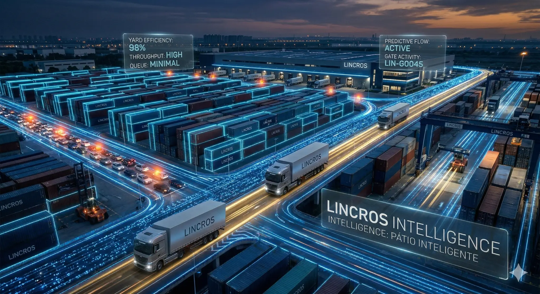 Pátio logístico com containers e caminhões — cases de sucesso Lincros